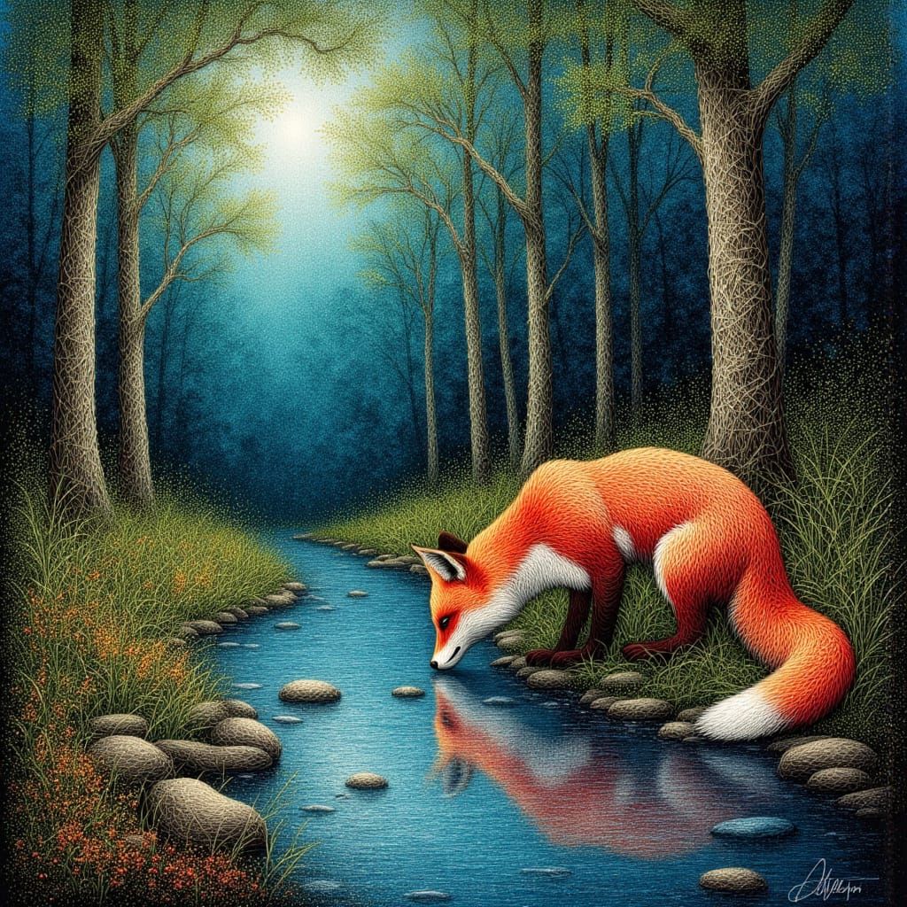 Enchanted Forest Fox at Twilight in Fine Line Art