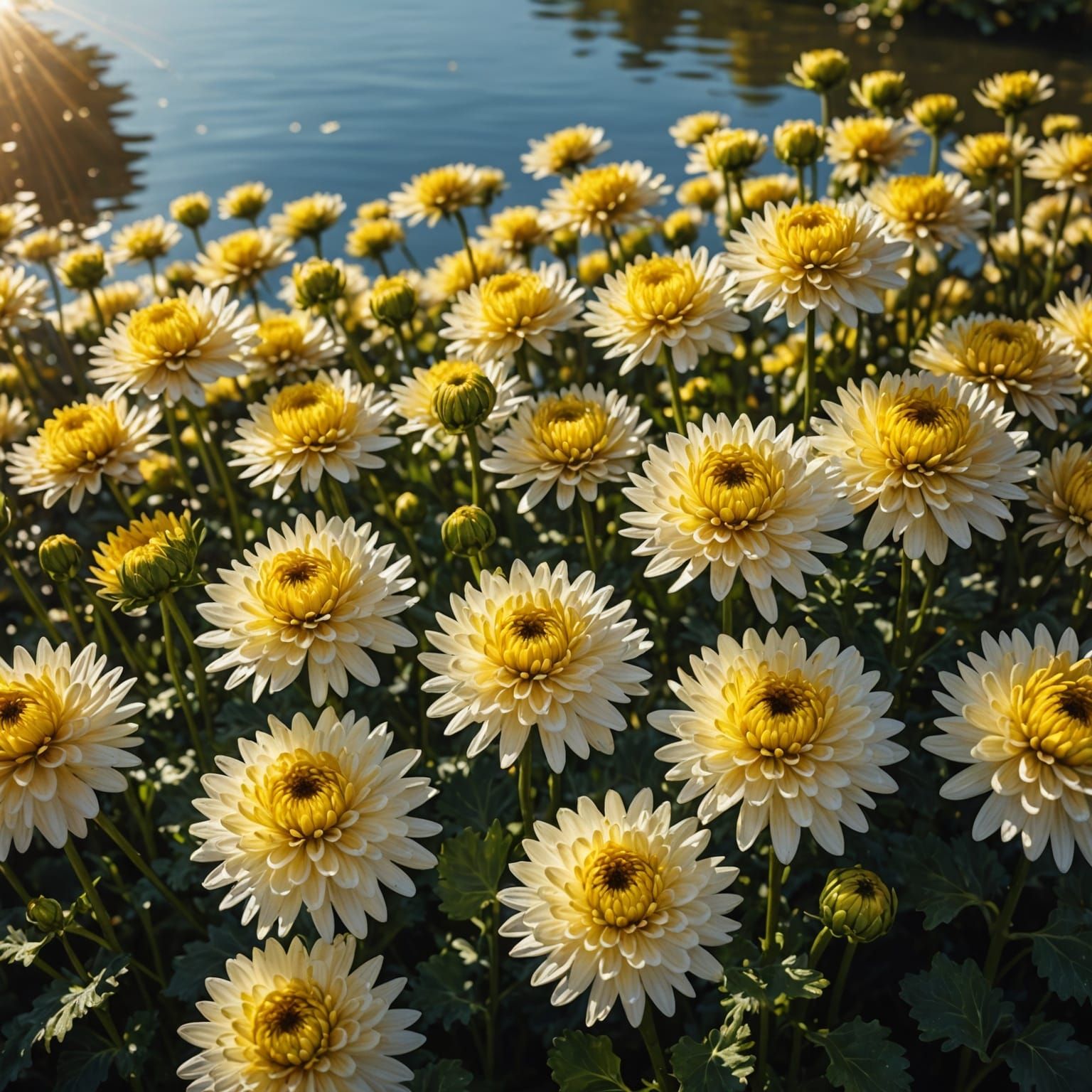 Glass Chrysanthemums in Afternoon Sun: Hyperrealistic Splash...