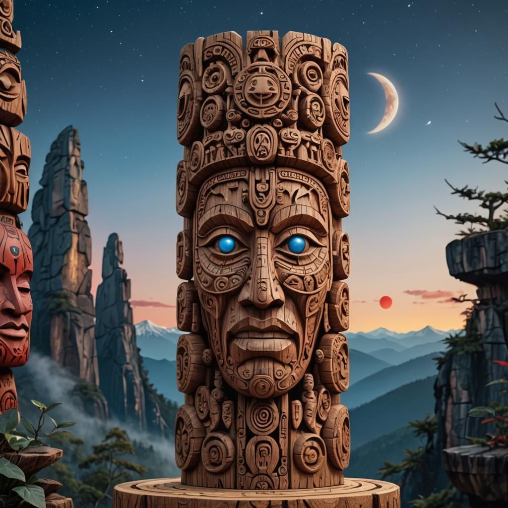 Detailed Hand-Carved Totem with Shamanic Figures