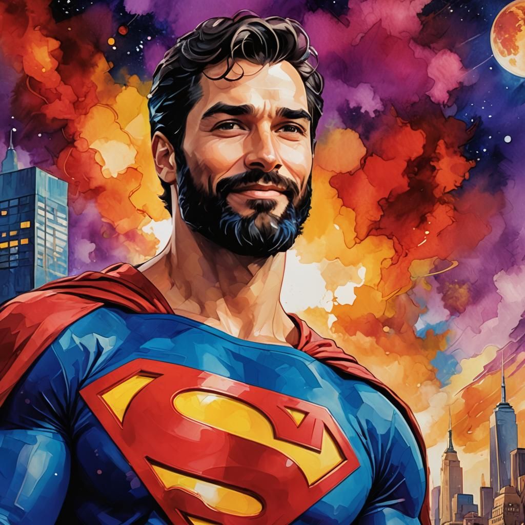Smiling Superman Portrait in Impressionist Digital Art Style