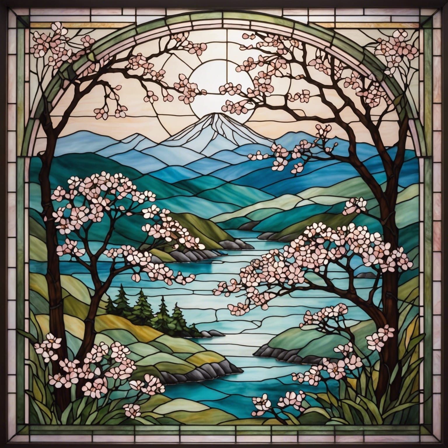 Stained Glass Japanese Landscape with Cherry Blossoms