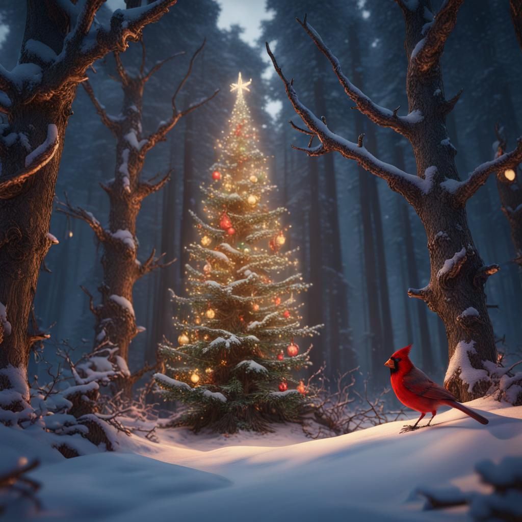 Christmas Tree in Snowy Forest, Matte Painting