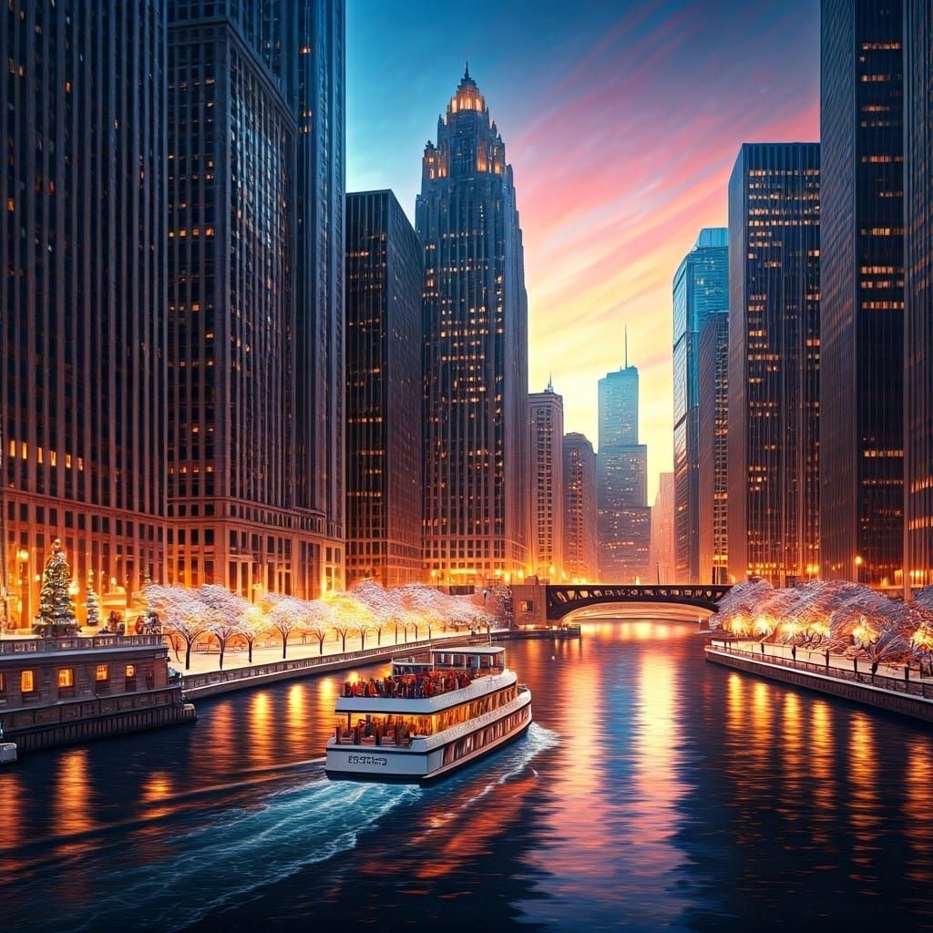 Chicago River Christmas Lights in Splash Art Style