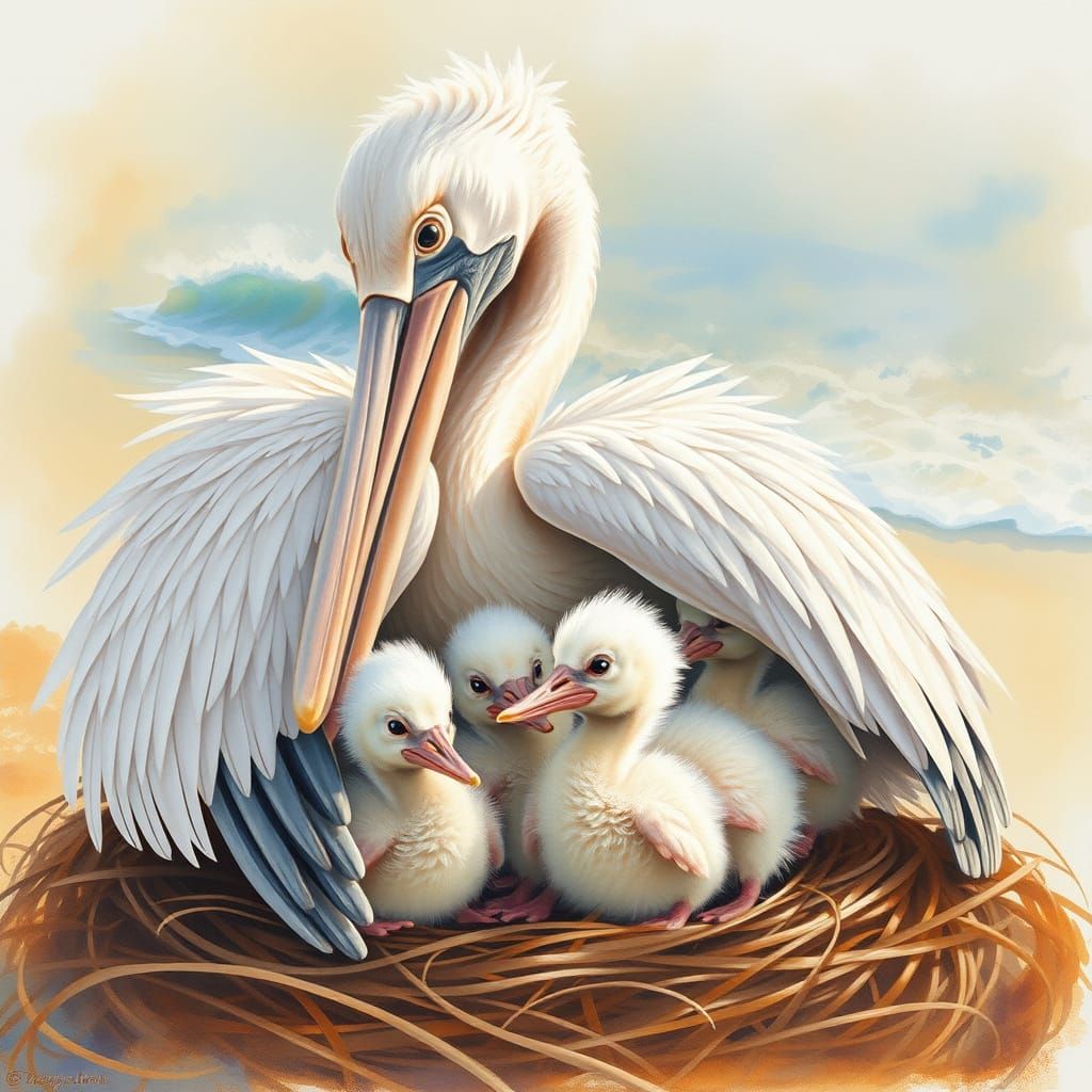 Serene Pelican Mother with Chicks in Beachside Nest