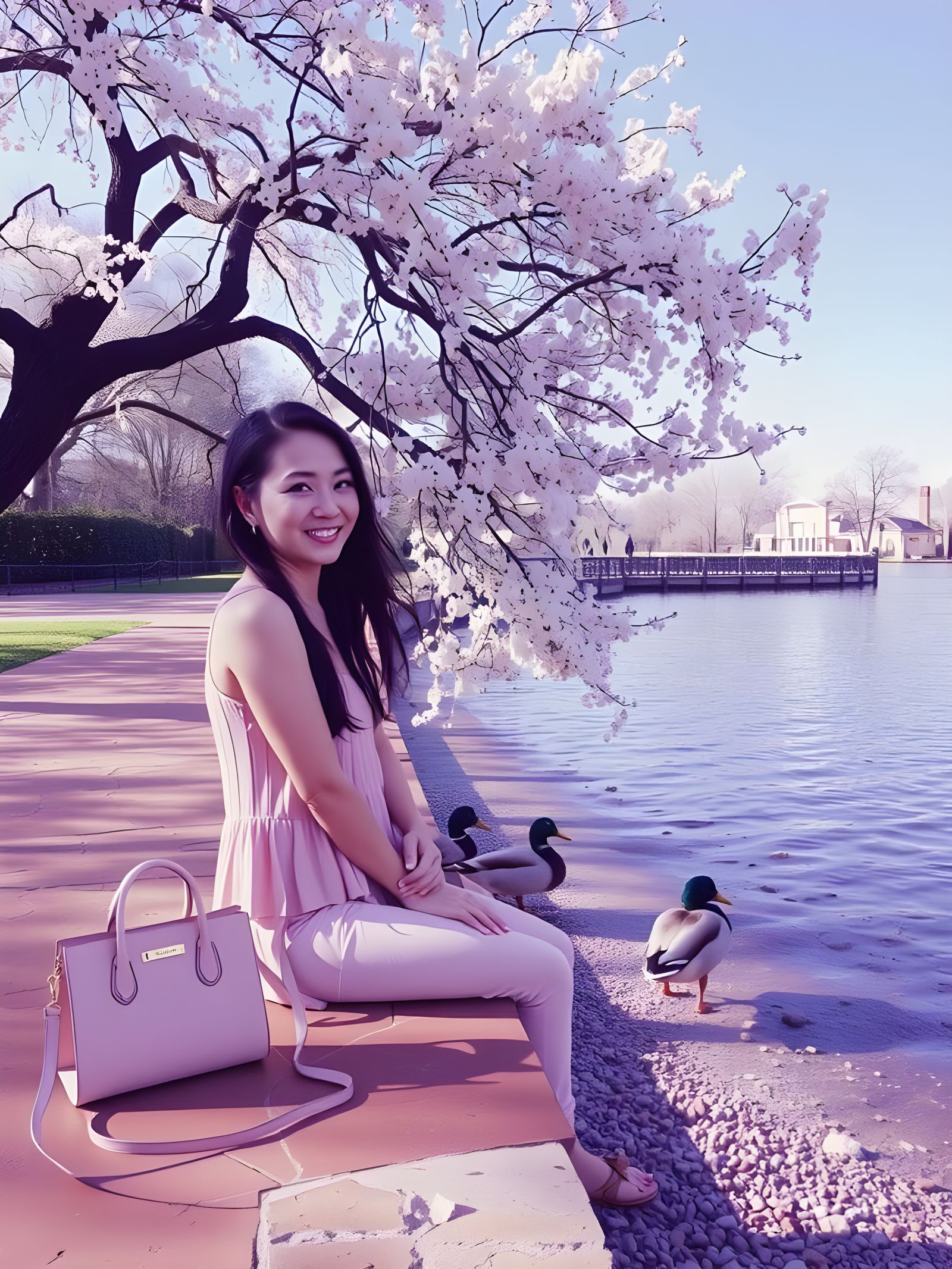 Young Woman Smiles at Quacking Mallards in Serene Lake Scene