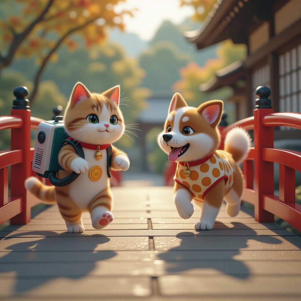 Whimsical Chase on Japanese Bridge: Cat Vacuum Pursues Dog T...