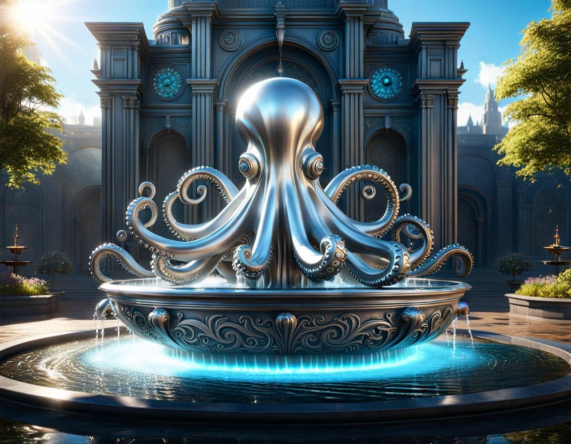 Silver Octopus Water Fountain: Fantasy Concept Art