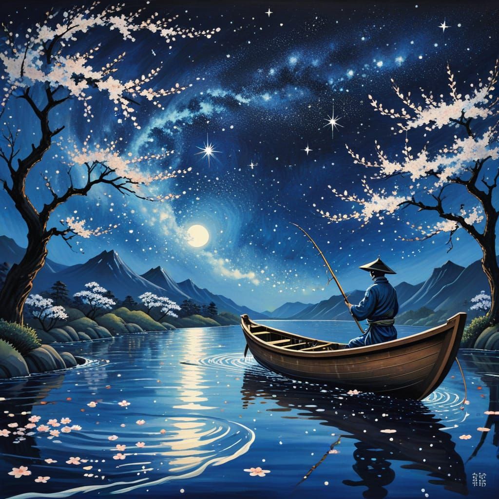 Fisherman and Milky Way in Japanese Woodblock Style