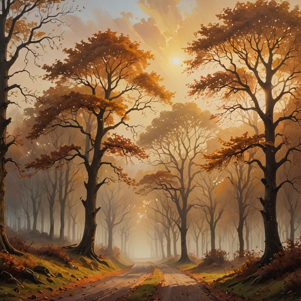 Glowing Autumnal Treeline in Oil Painting Style