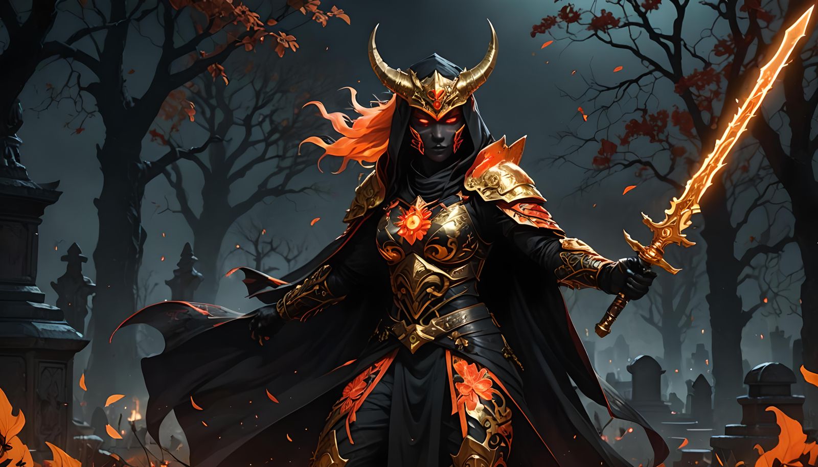 A female Oni warrior, holding up her sword in the air, weari...