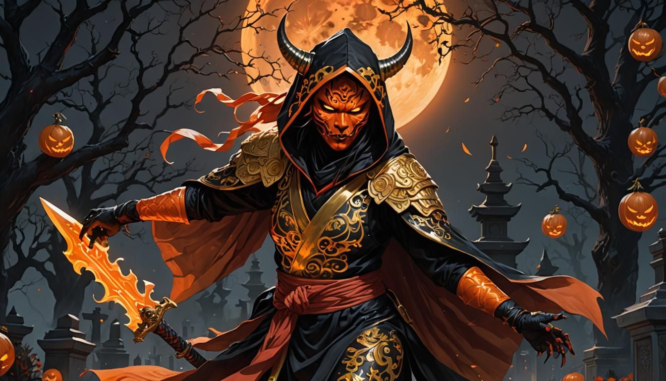 A female Oni warrior, holding up her sword in the air, weari...