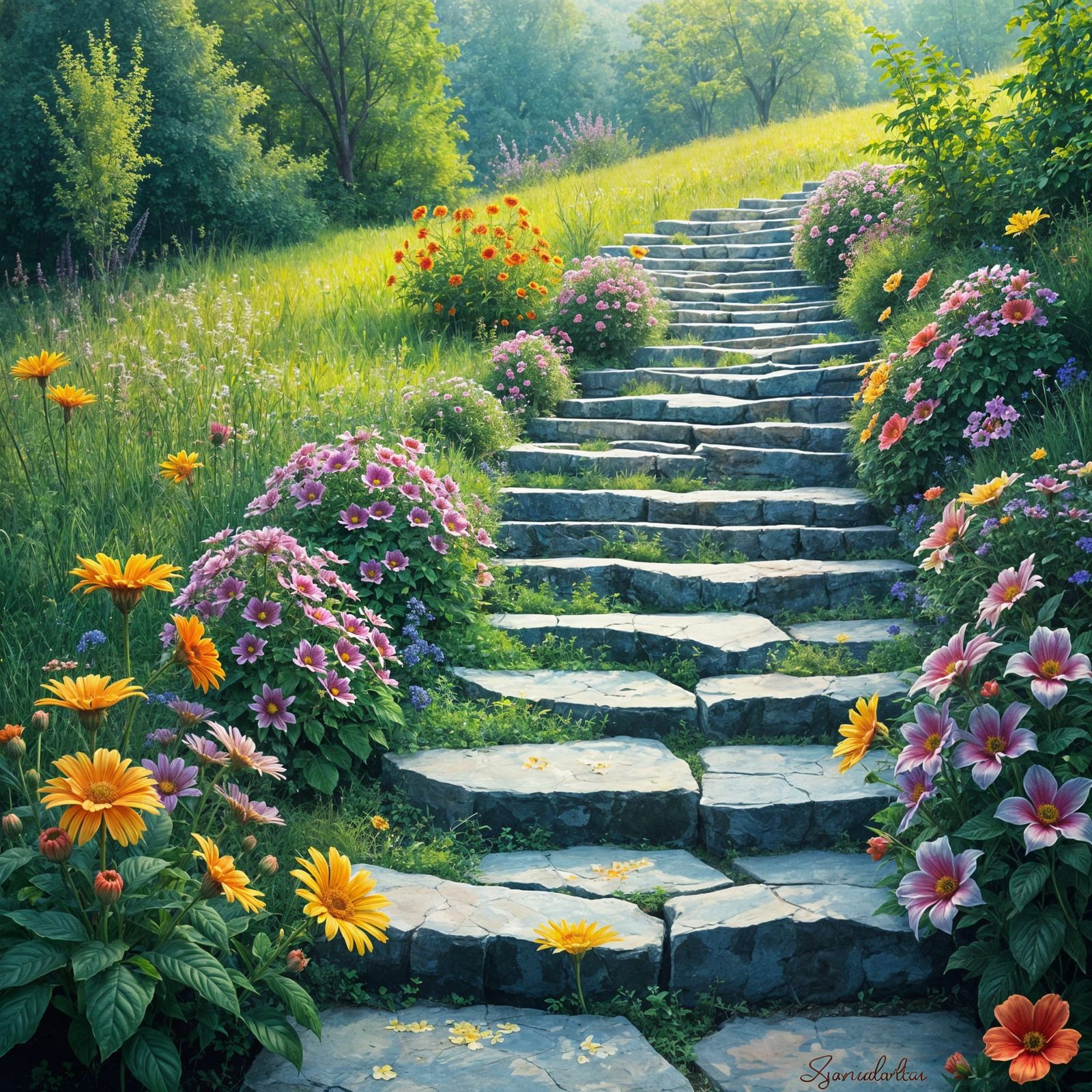 Lush Garden Steps in Vibrant Floral Bloom