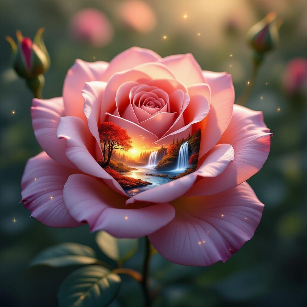 Fantastical Rose Unfurling Worlds, Digital Art