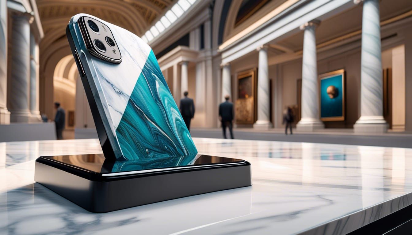 Marble Cellphone in Museum, Hyperrealistic Concept Art