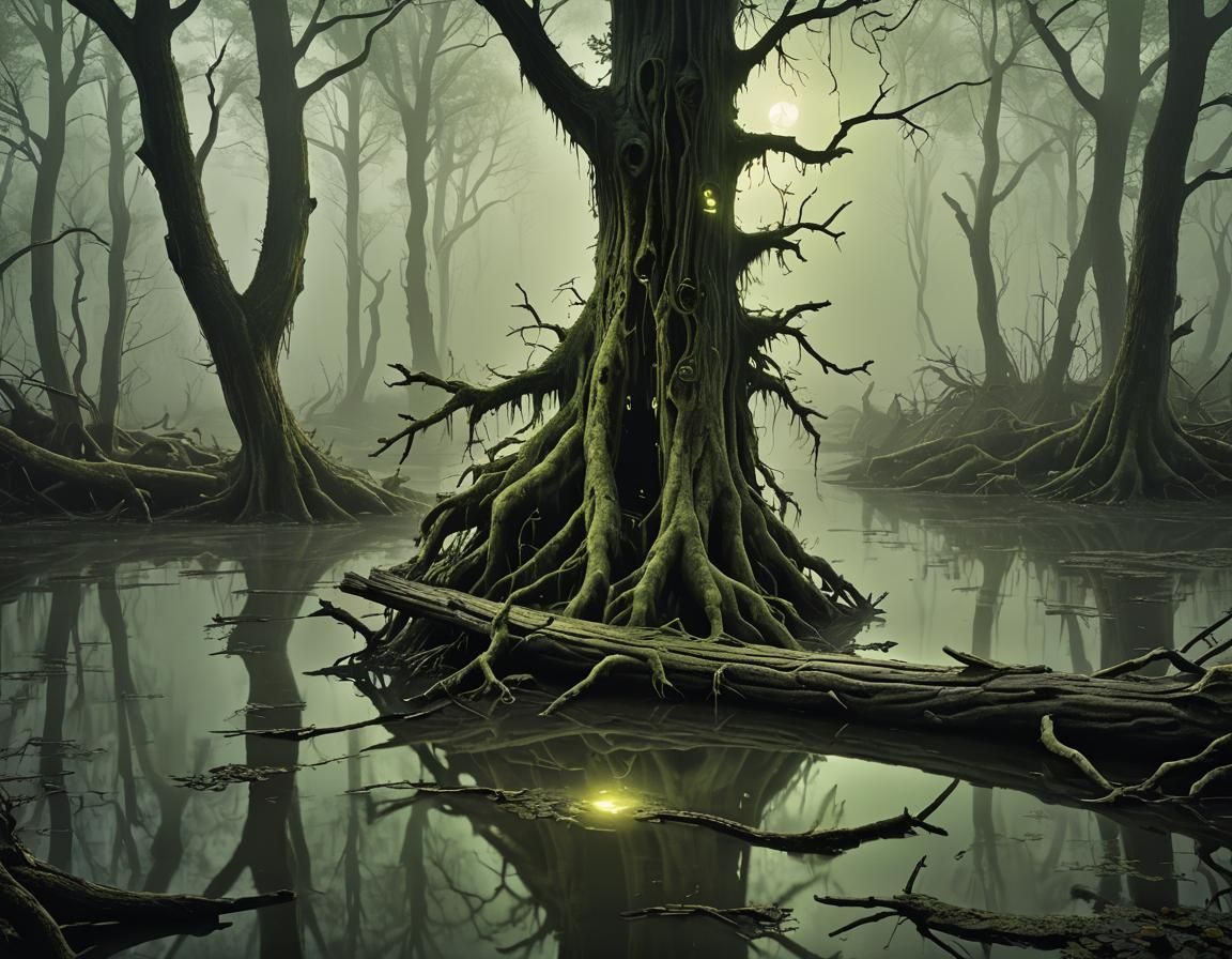 Eerie Swamp Scene with Glowing Text
