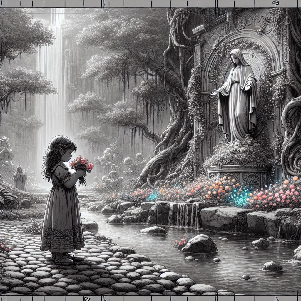 Child Praying in Detailed Black and White Sketch