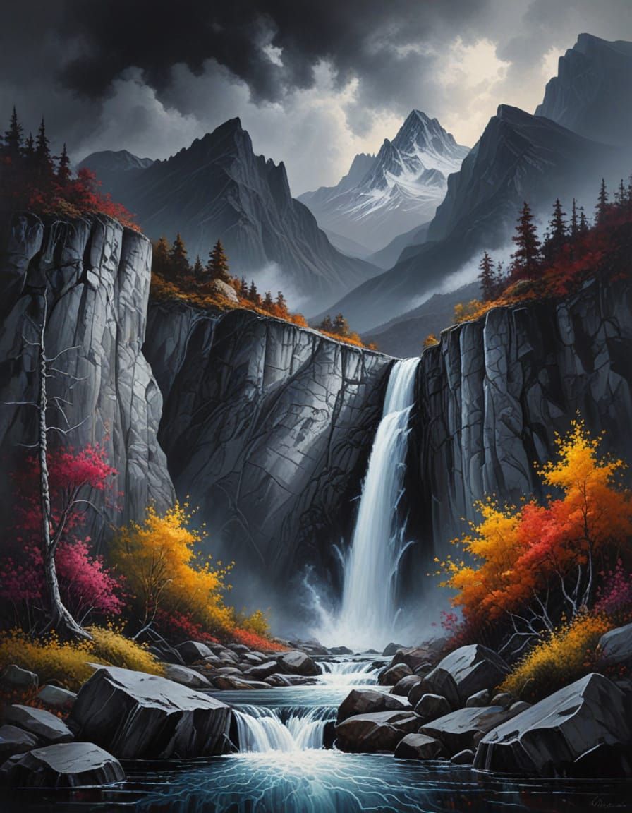 Vibrant Mountain Waterfall Oil Painting with Silver Ink