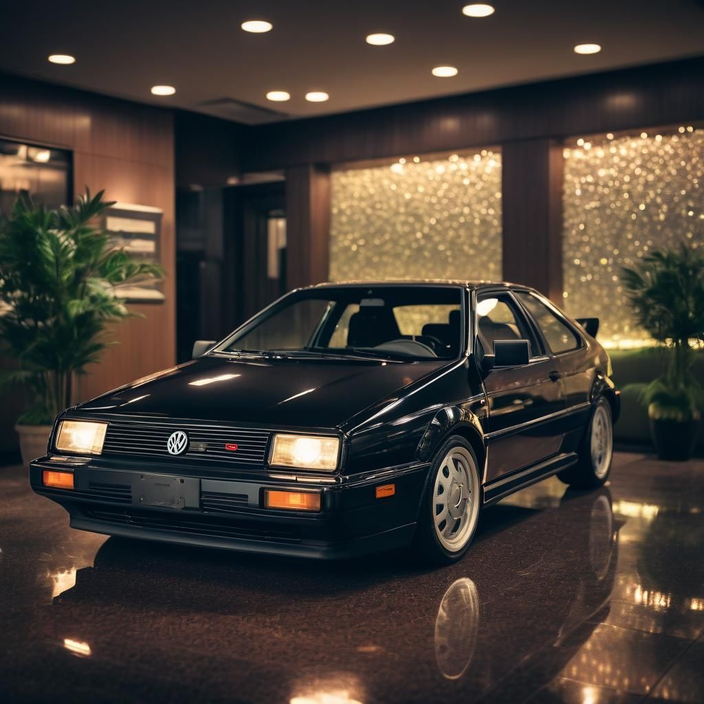 A Volkswagen Corrado VR6 in a New York hotel lobby. Night, 8k resolution.