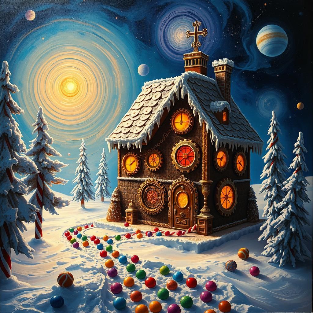 Steampunk Gingerbread House in Dreamlike Winter Wonderland
