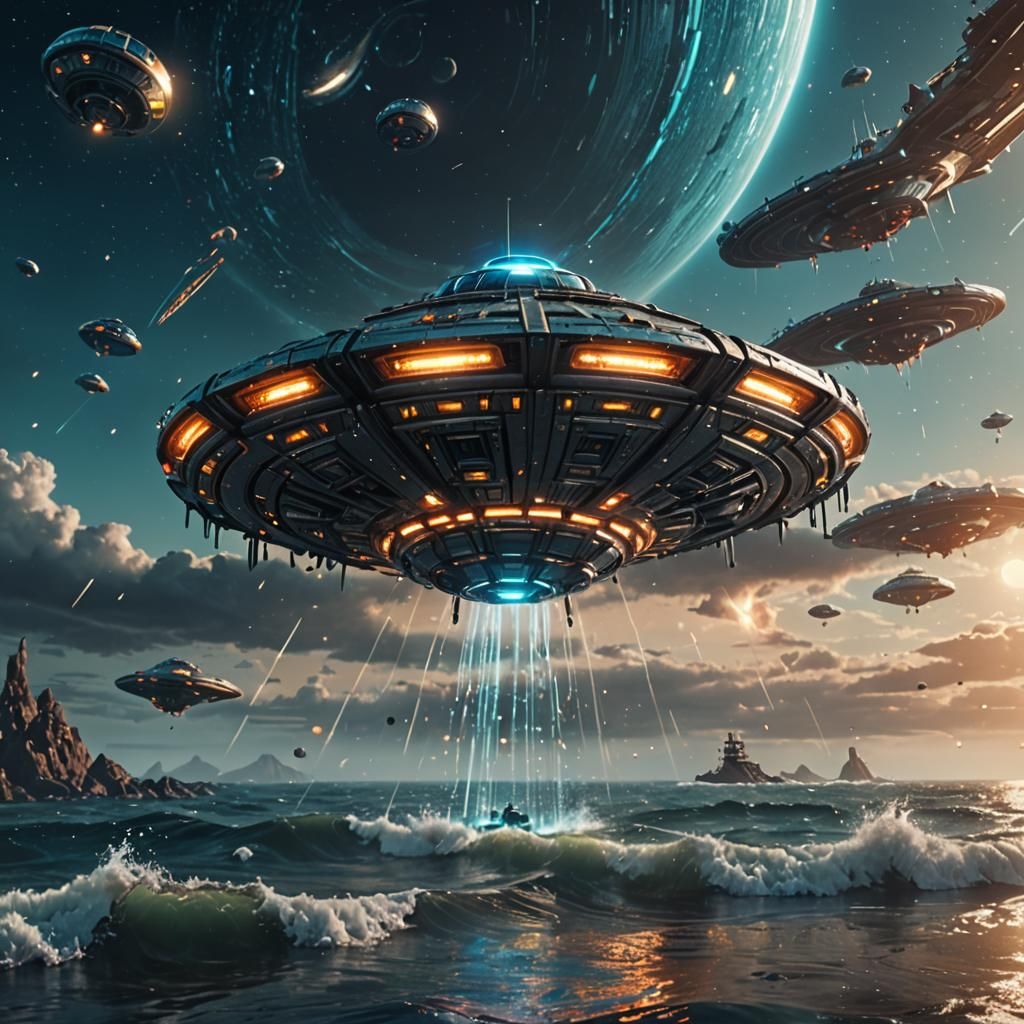 Sci-Fi UFO Landing on Sea, Digital Matte Painting