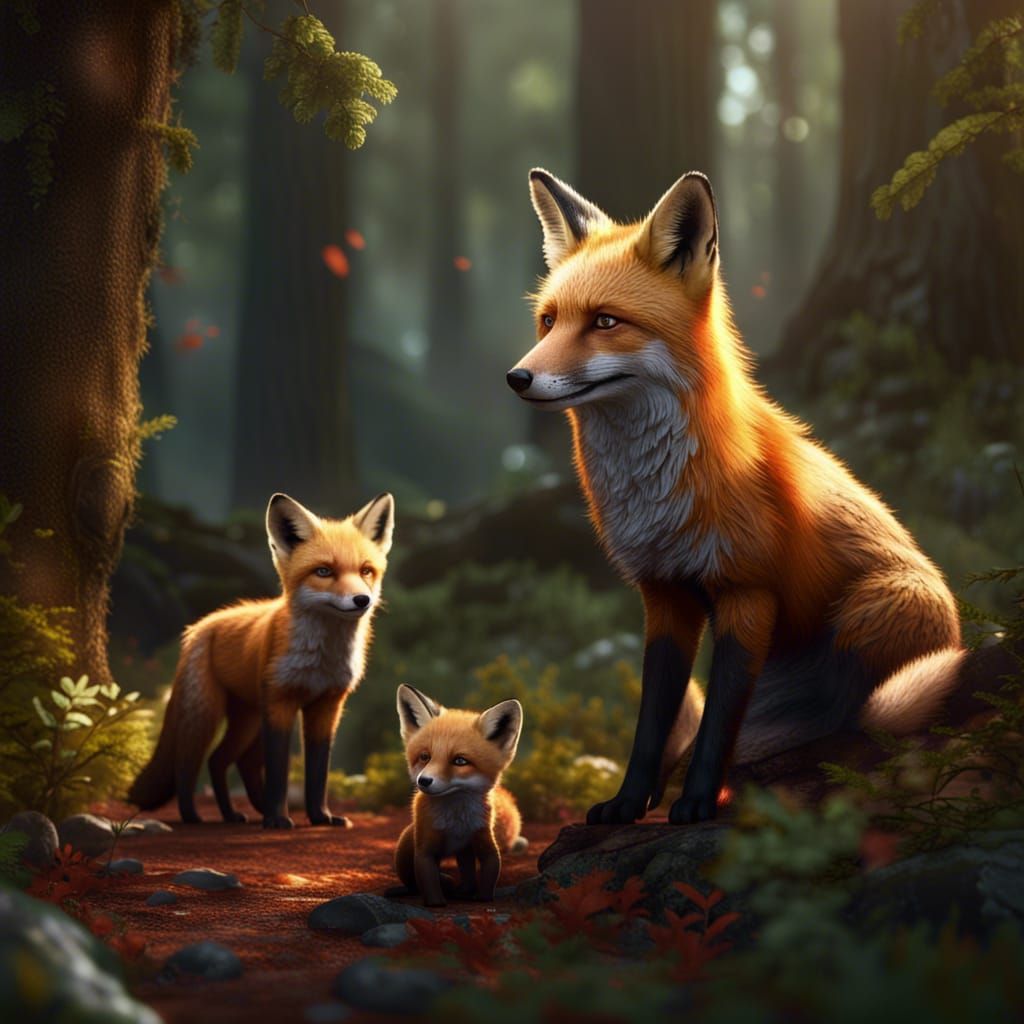 Red fox in the forest with cubs
