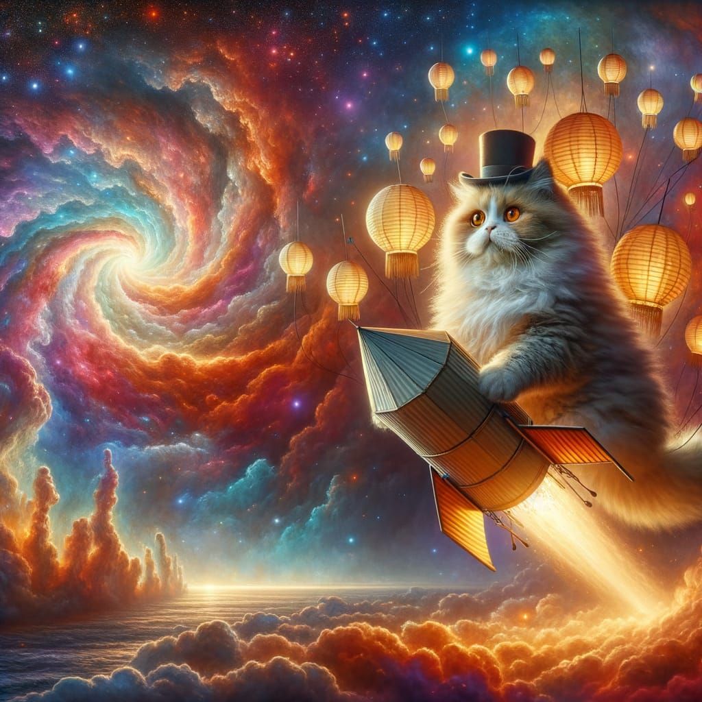 A giant, fluffy cat wearing a tiny top hat pilots a rocket s...
