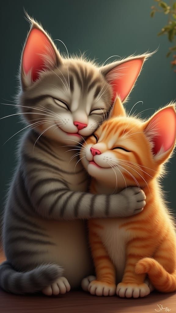 Two Cats in Tender Hyperrealistic Embrace