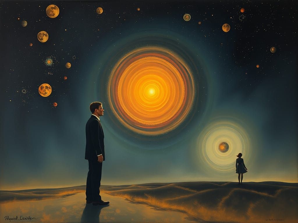 Mystical Cosmic Realism Painting of Isolated Couple