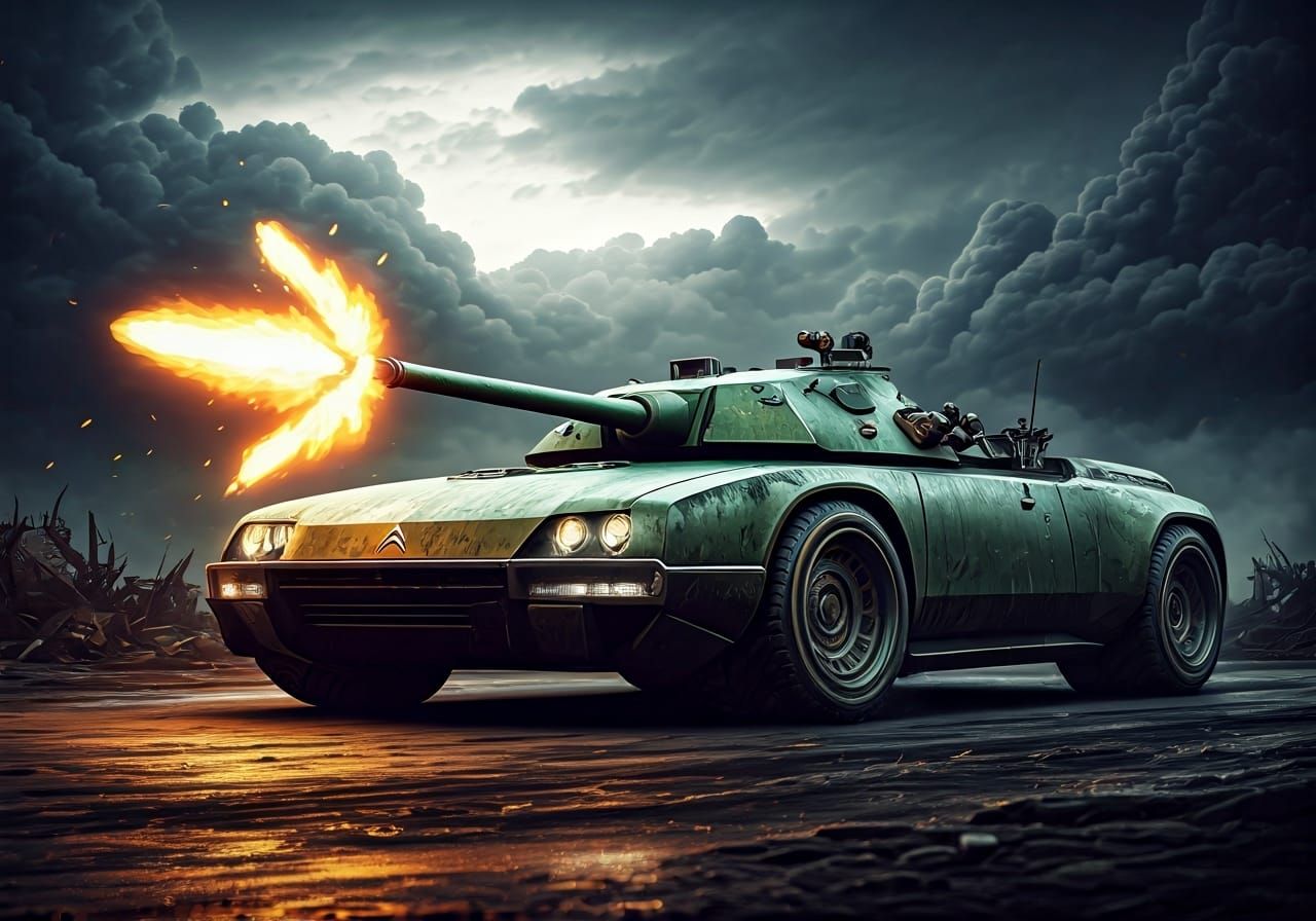 Armored Citroën CX Tank Concept in Wasteland, Dark Fantasy