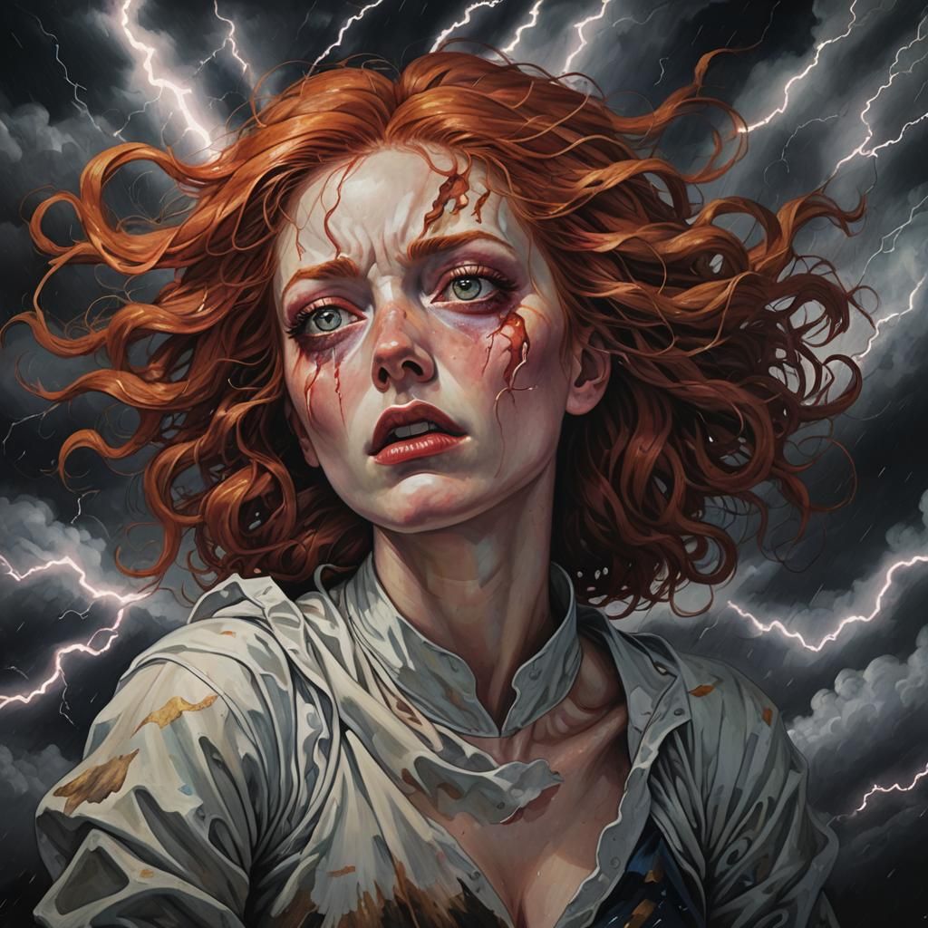 Sorrowful Redhead Crying Under Stormy Sky