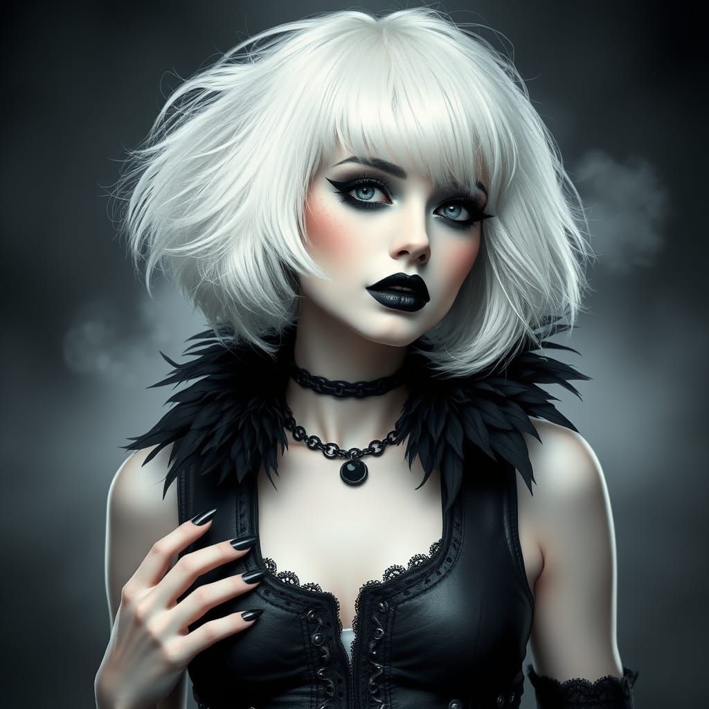 Ethereal Gothic Fantasy Woman in Leather Vest with Feather C...
