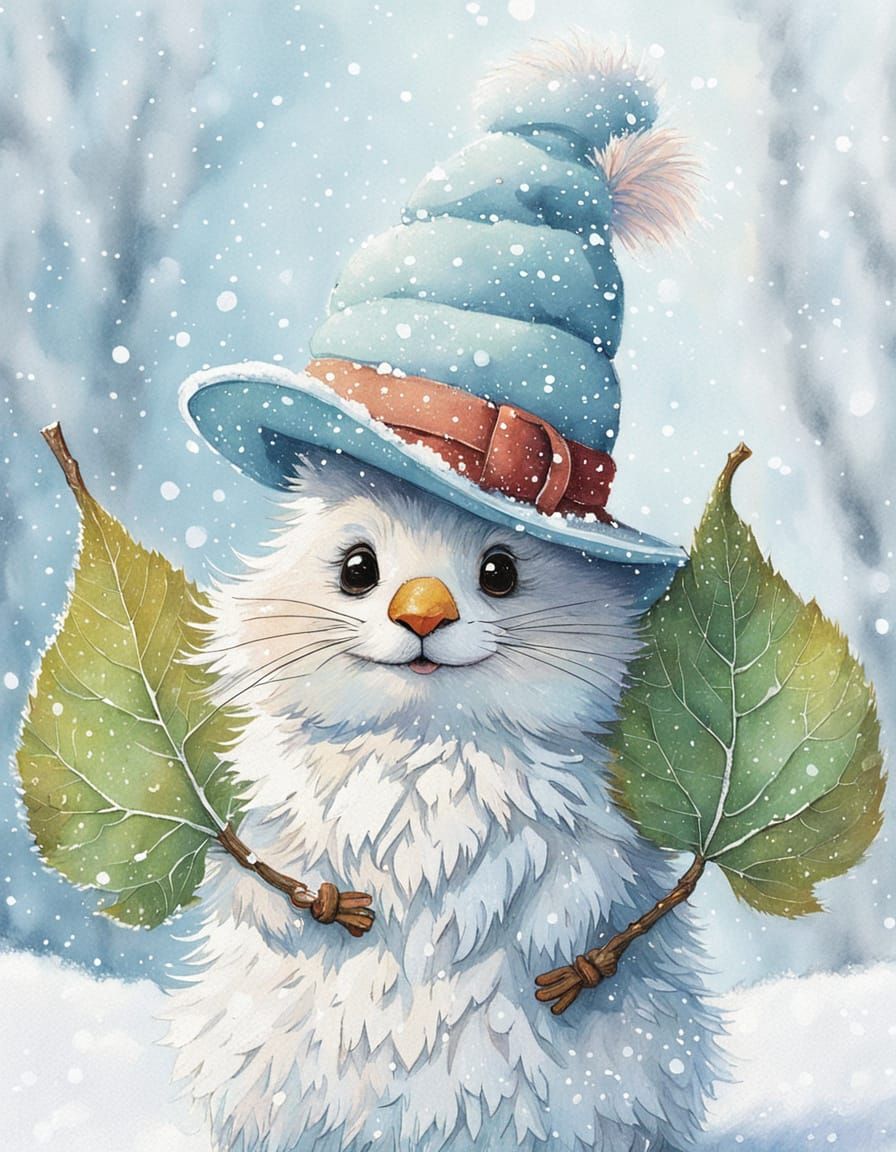 Cute Cartoon Character in Snowy Whimsical Illustration