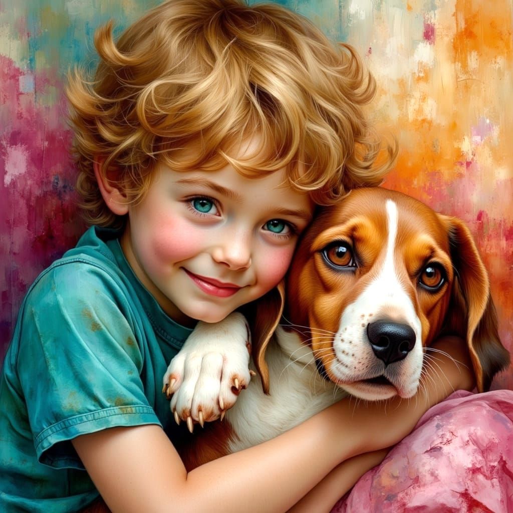 Boy Snuggling Basset Hound in Impressionist Style