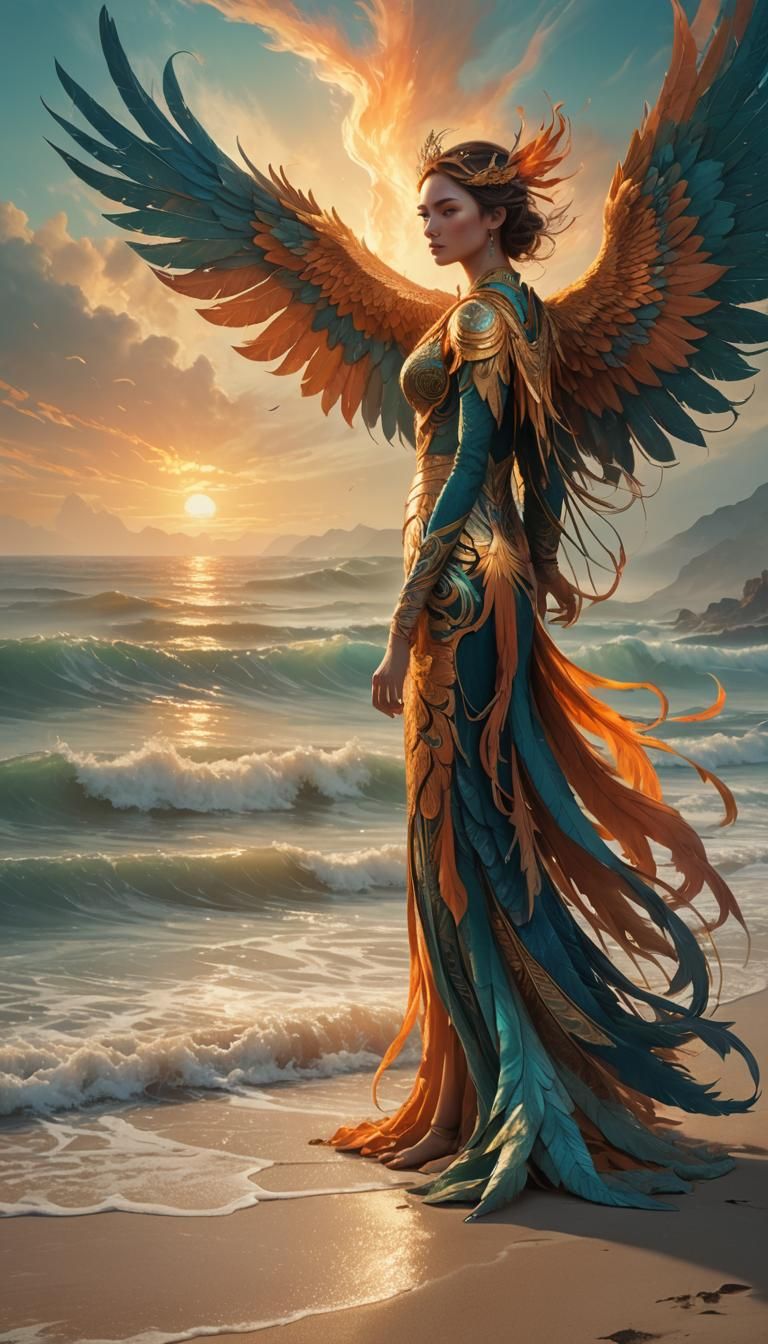 Woman and Phoenix on Beach: Fantasy Concept Art