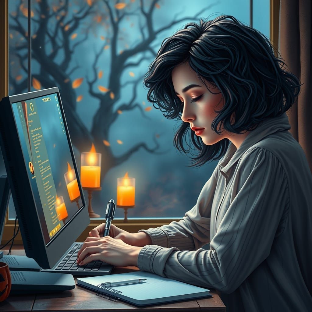 Fantasy Writer in Autumn Halloween Atmosphere