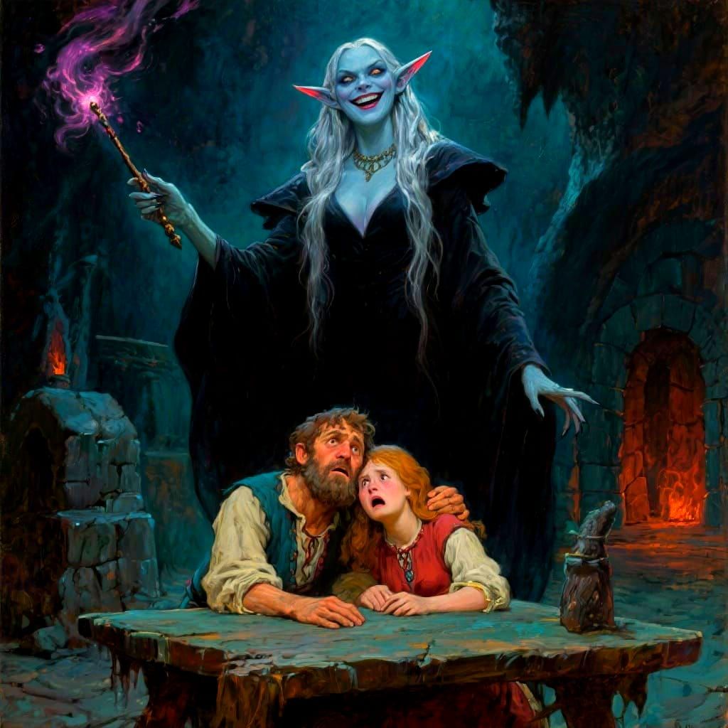 Giant Elf Threatens Peasants in Dark Dungeon