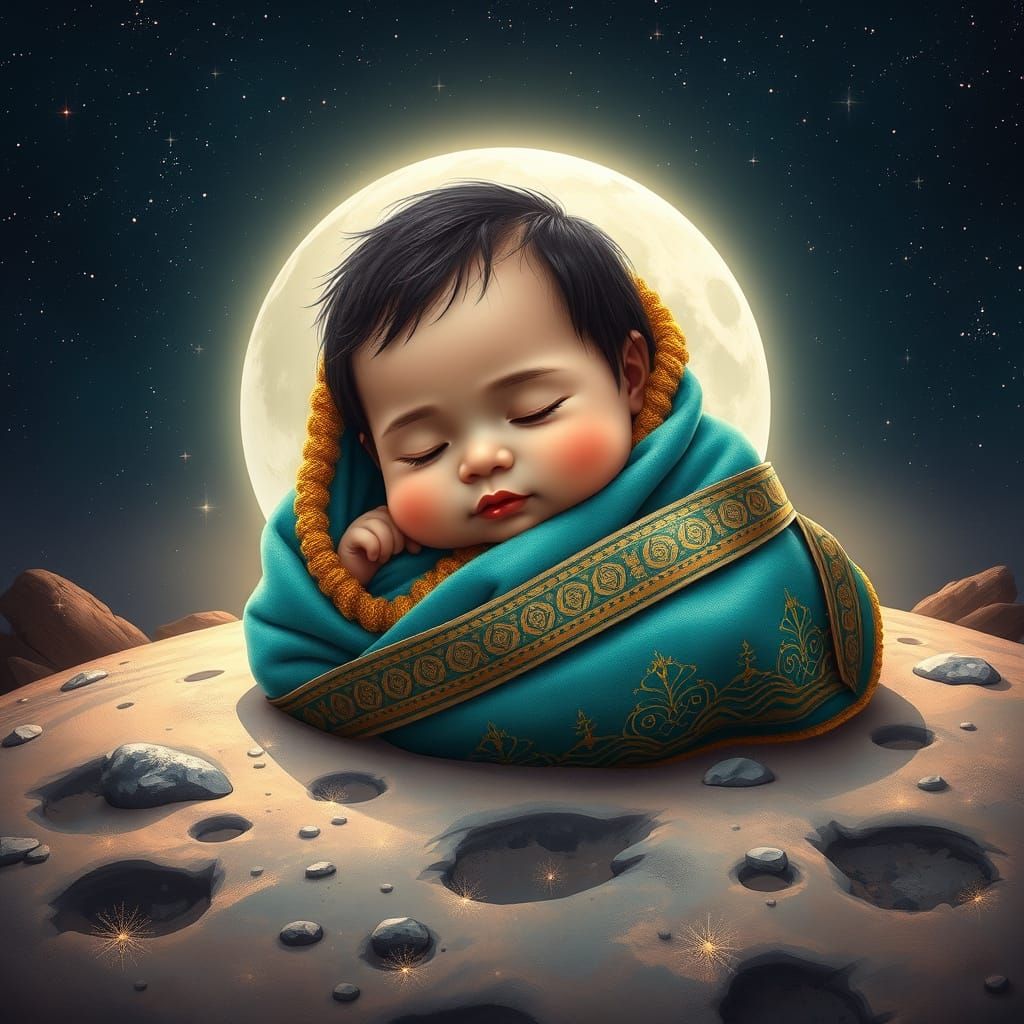 Serene Asian Infant on the Moon in Fantasy Concept Art