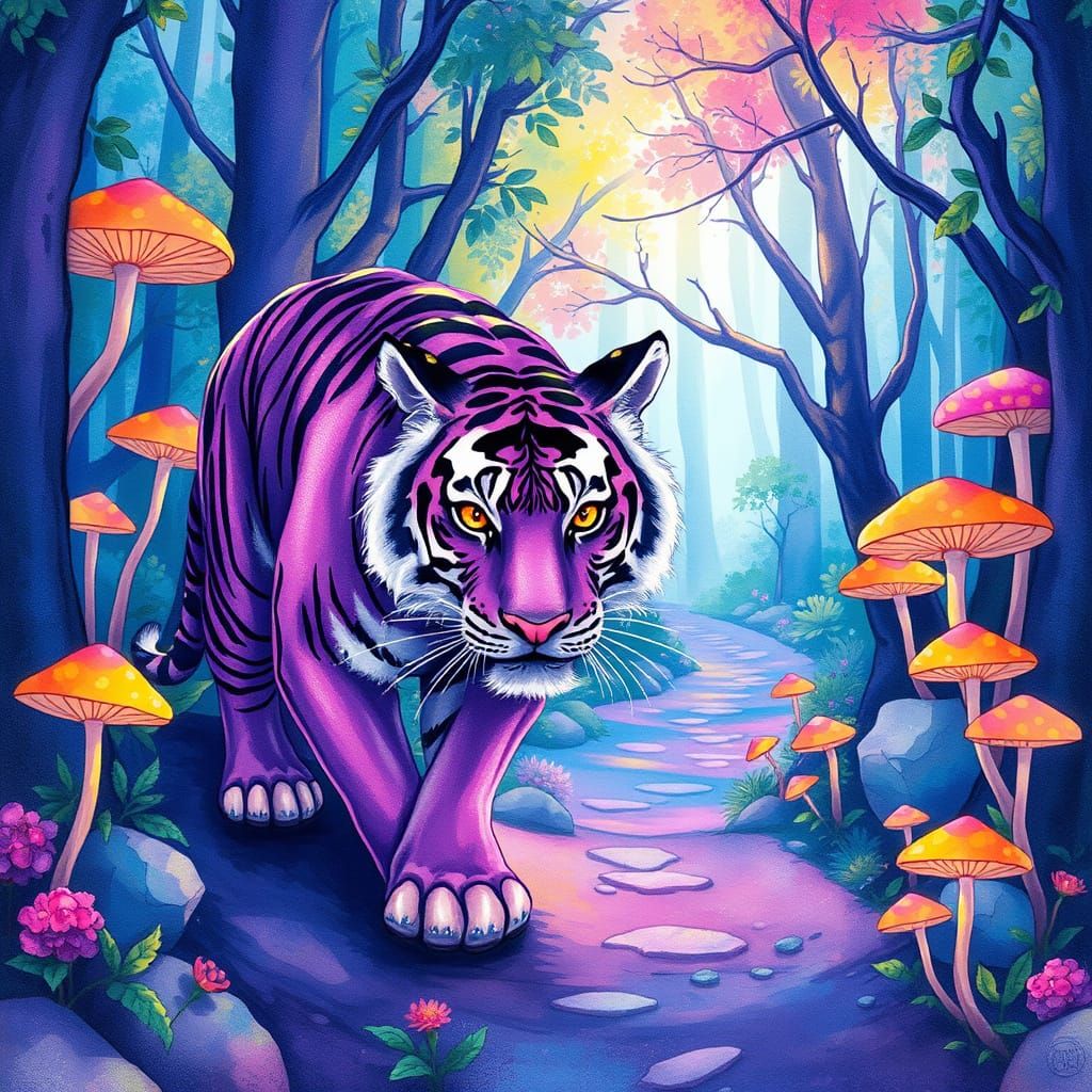 Purple Tiger Prowls Forest Trail in Watercolor Style