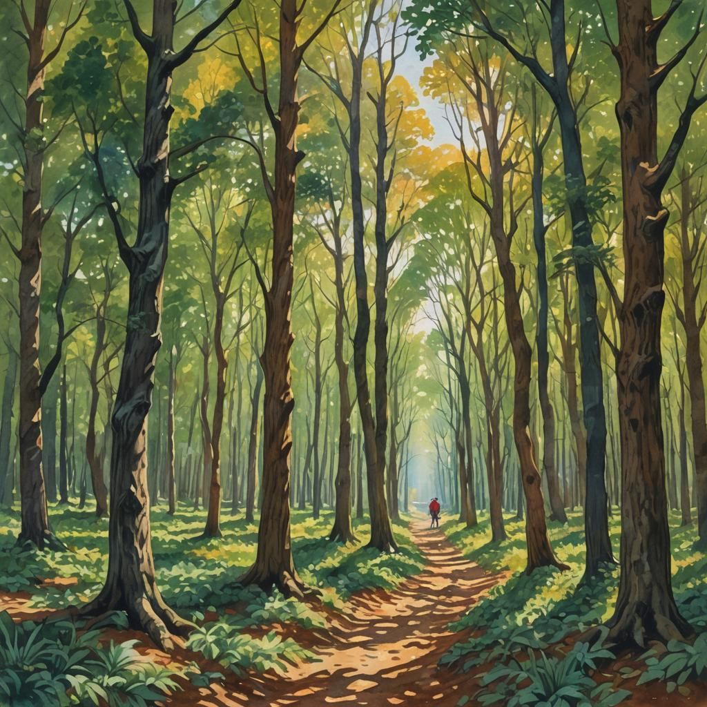Forest in Sunlight: Gouache and Watercolor Impression