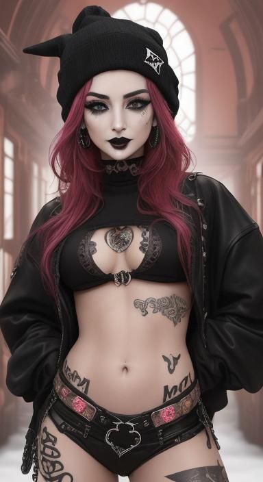 Beautiful Goth Woman with Piercings and Gingerbread House