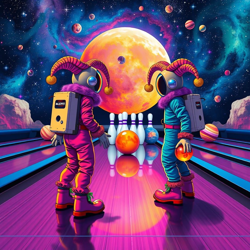 Cosmic Jesters Bowling with Planets in Futuristic Space