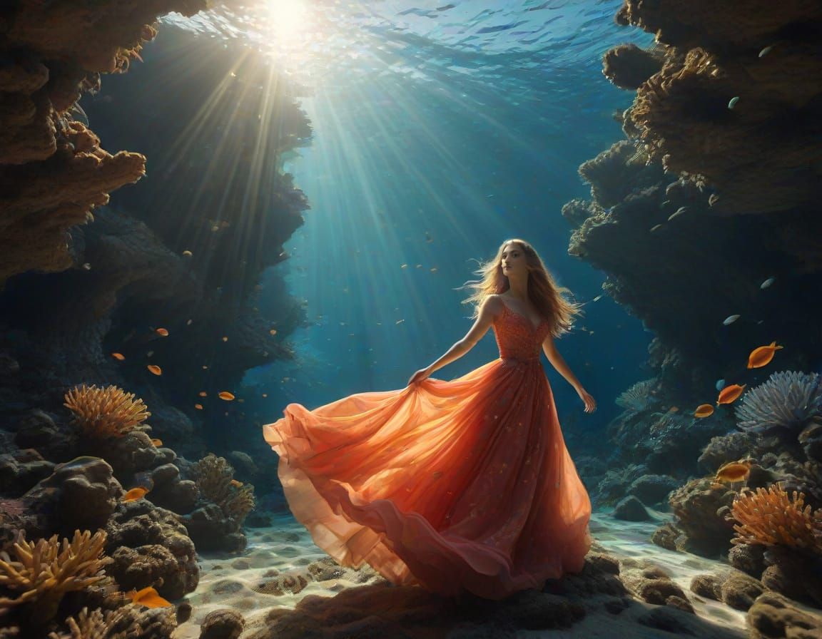 Ethereal Woman Dancing in Sunlit Coral Reefs