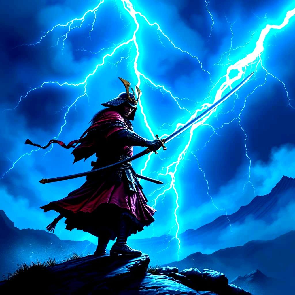 Samurai Wielding Lightning Sword in Cyberpunk Style