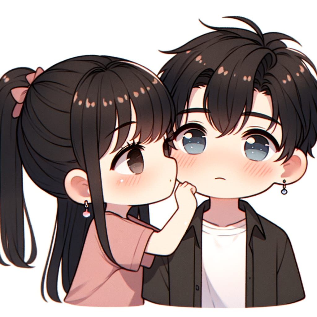 Chibi Couple Shares a Sweet Kiss on White Background