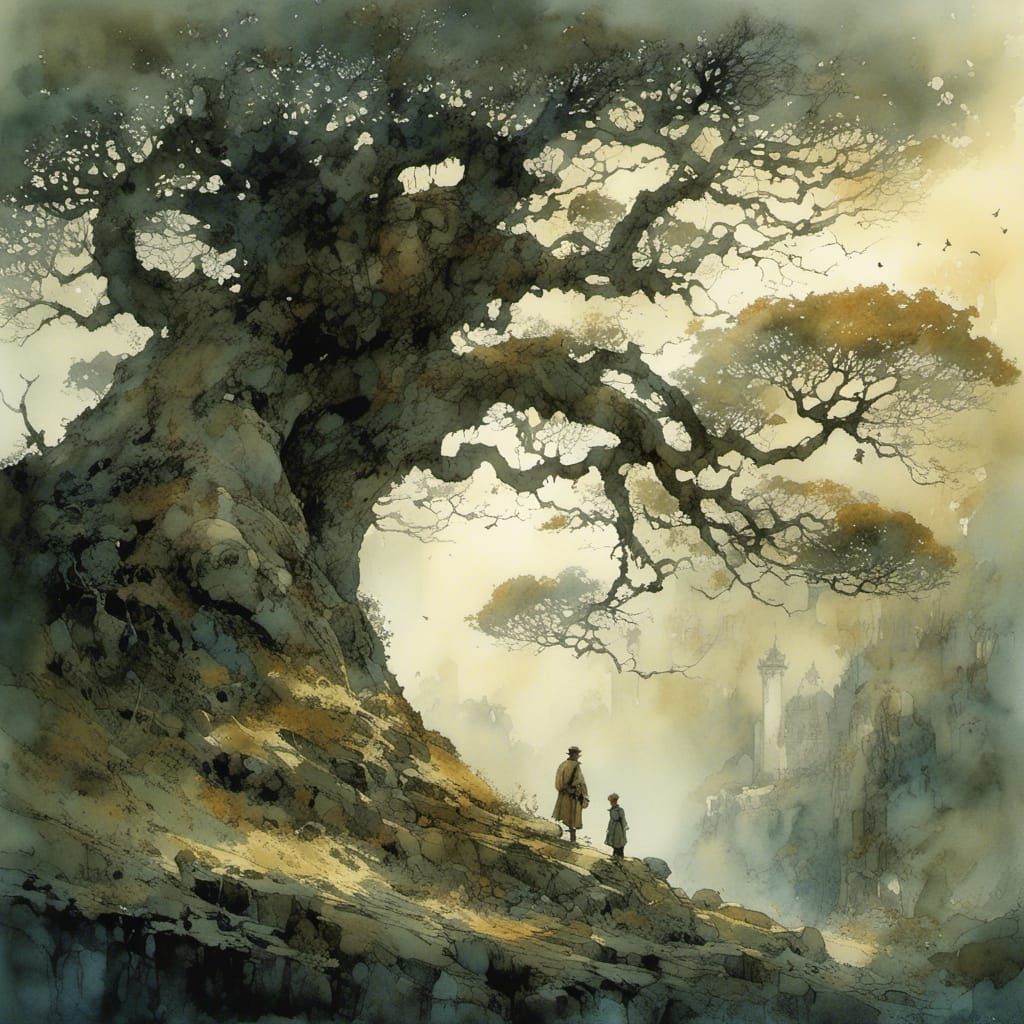 Intricate Ancient Tree in Watercolor Style