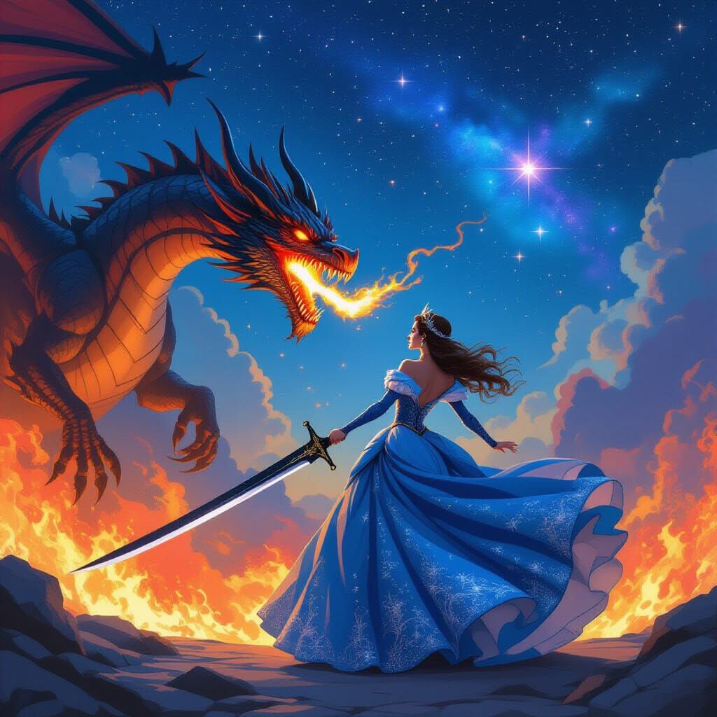 Princess Battles Dragon Under Starry Sky