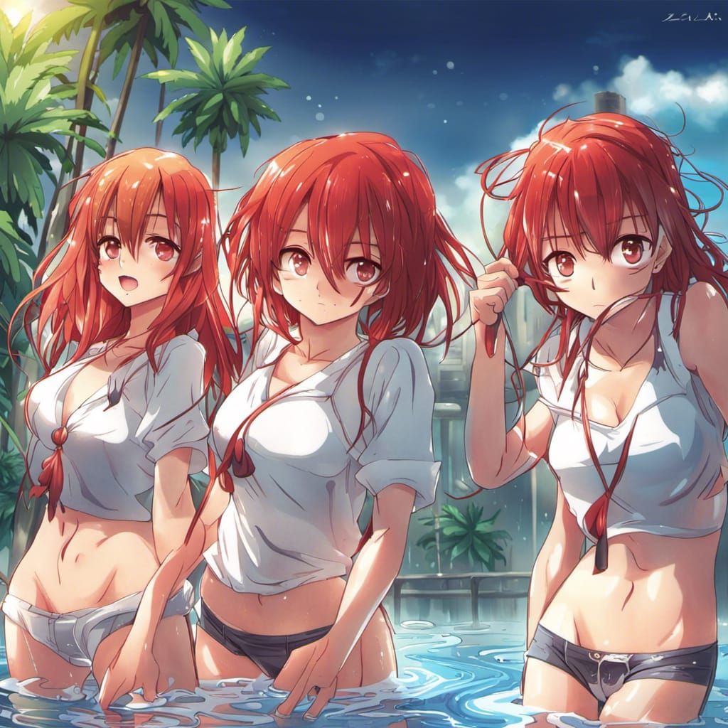 Anime Girls with Red Hair in Wet Clothes