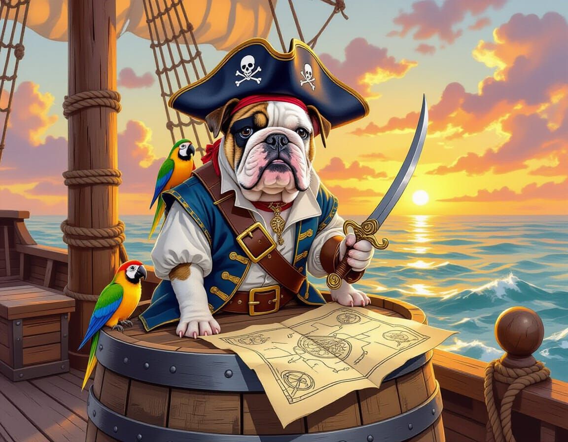 Pirate Bulldog on Deck in Watercolor Style
