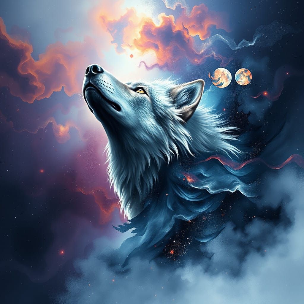Cosmic Wolf in Nebula Ominous Concept Art in Impressive Deta...