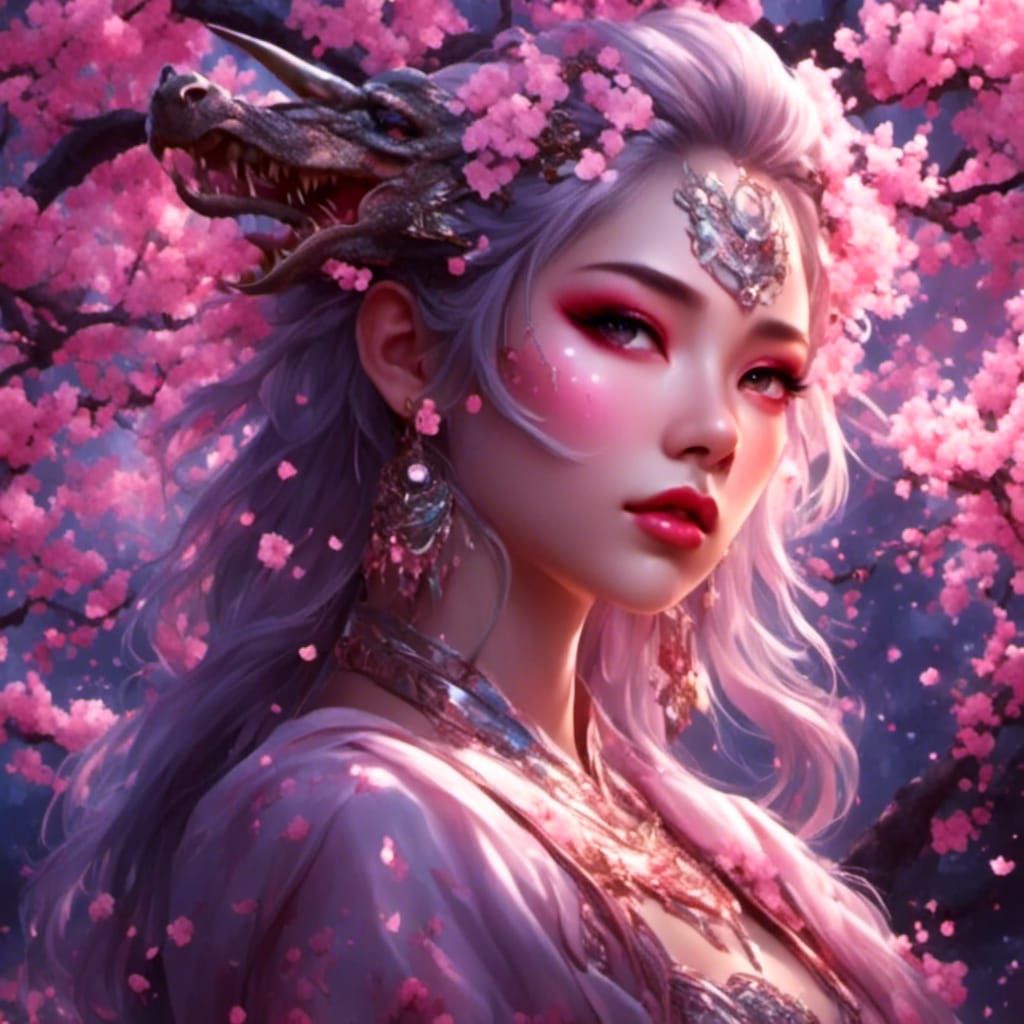 Moonlit Dragon Girl Portrait with Cherry Blossoms